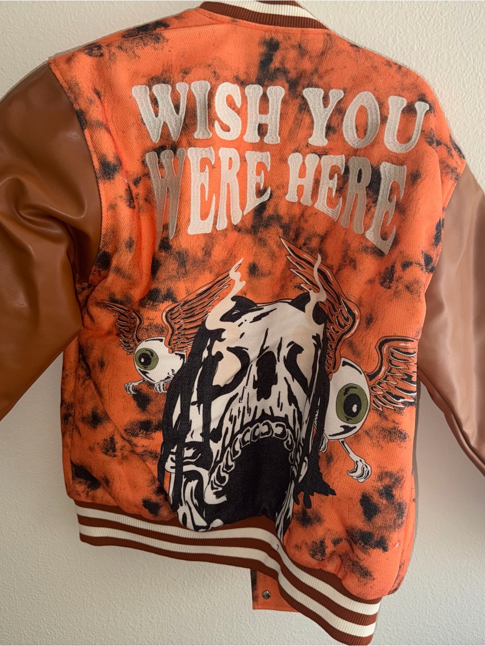 Abrand Orange Tie-Dye Bomber Jacket with Brown Sleeves and Graphic Back